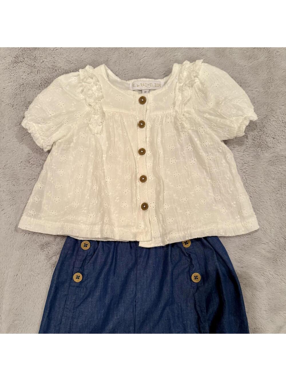 Girls Two-Piece Outfit White Eyelet Top and Blue Pants